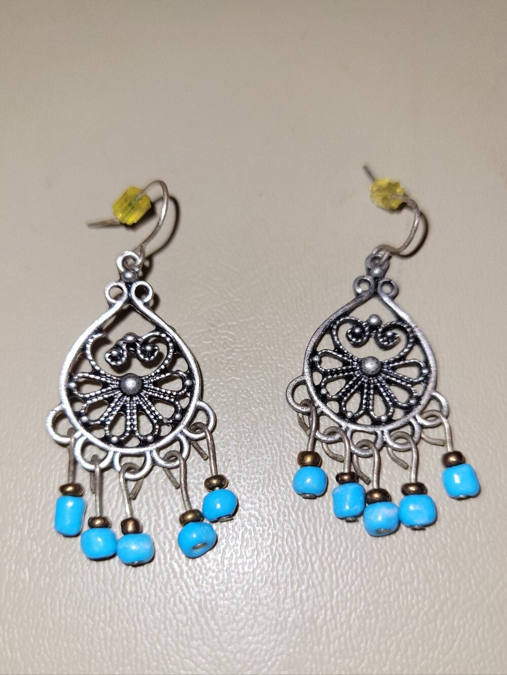 Silver Filigree Teardrop Earrings with Turquoise Color Beads